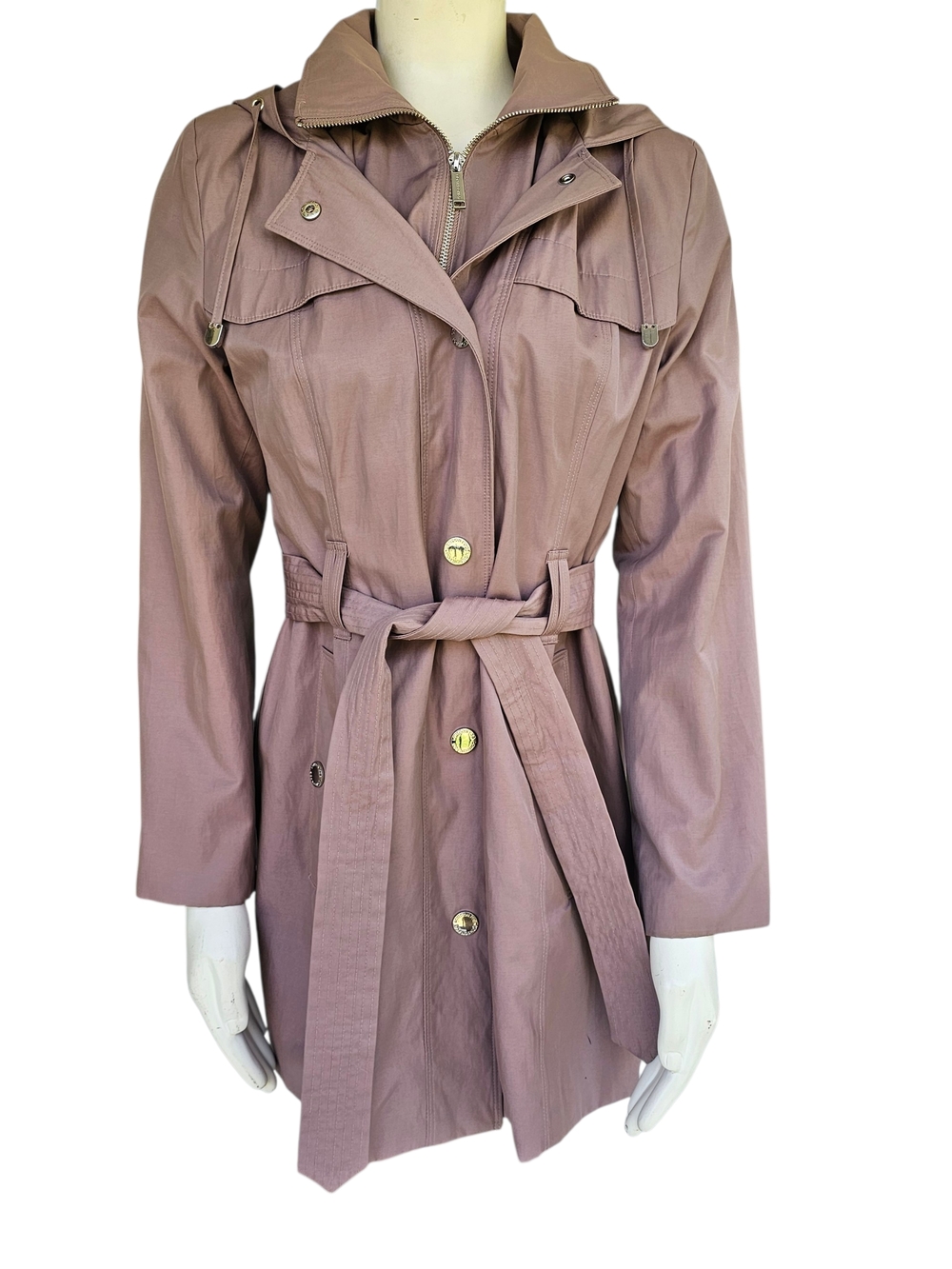 London Fog Collection Womens Trench Coat Small Mauve Belted Hooded Jacket
